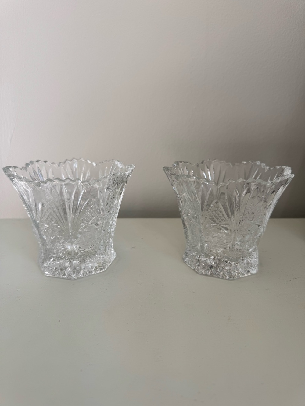 2 Vintage Studio Nova Crystal Mini Vase or Votive Candle Holders with Rose Motif